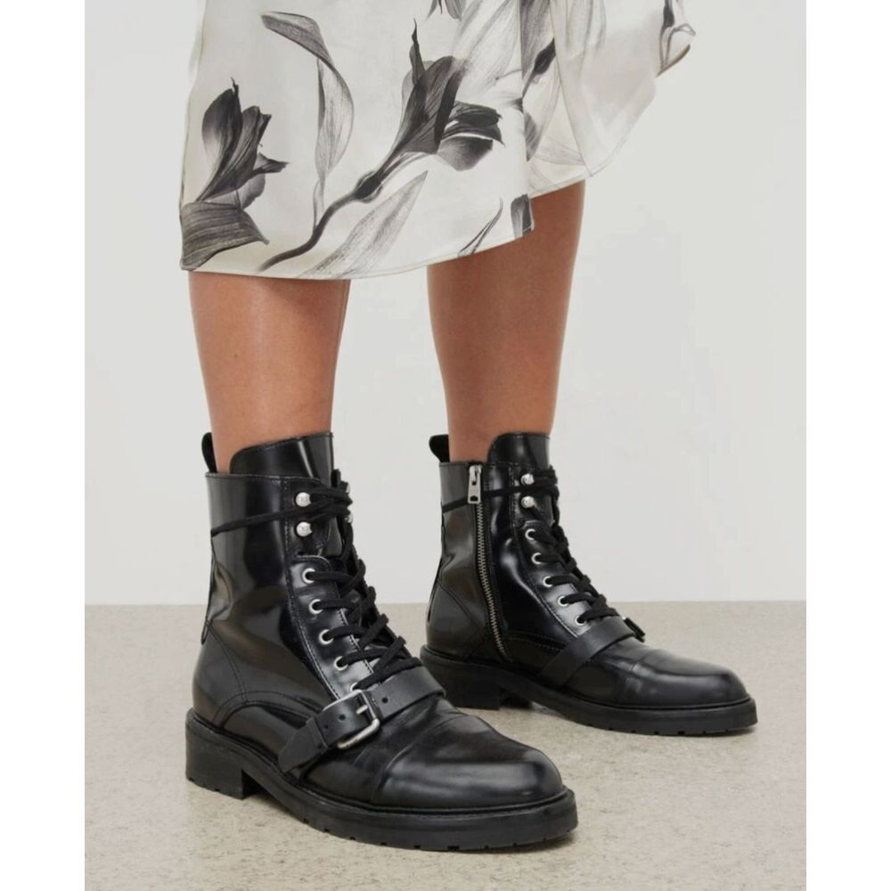 AllSaints Donita Combat Boots Black Leather Size 41 / US 10 with Box